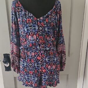 American Eagle Red and White Jumpsuit with Bishop Sleeves